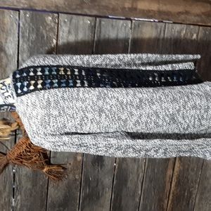 Gray open front cardigan with crochet line down back